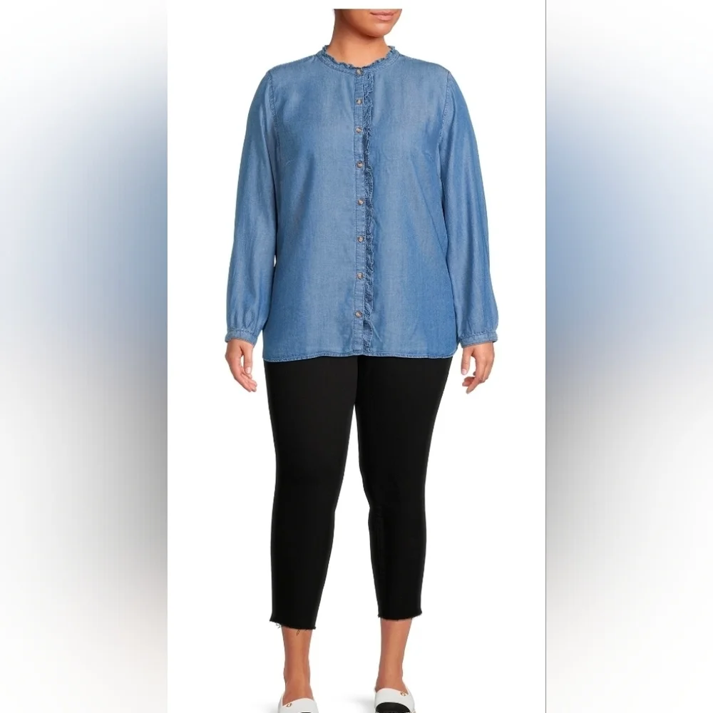 Terra & Sky NEW Ruffle Front Button Down Chambray Blouse Blue - Plus Size 3X - Picture 4 of 9